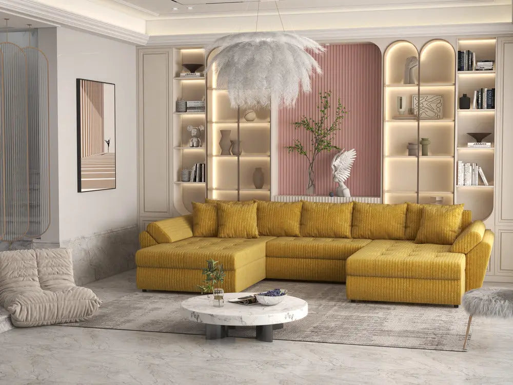 Colțar extensibil dumonde cu ladă de depozitare si sezut confortabil din spuma high-density, Loana Ambience mustar U 375x185 cm