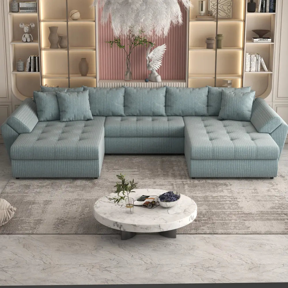 Colțar extensibil dumonde cu ladă de depozitare si sezut confortabil din spuma high-density, Loana Ambience verde deschis U 375x185 cm