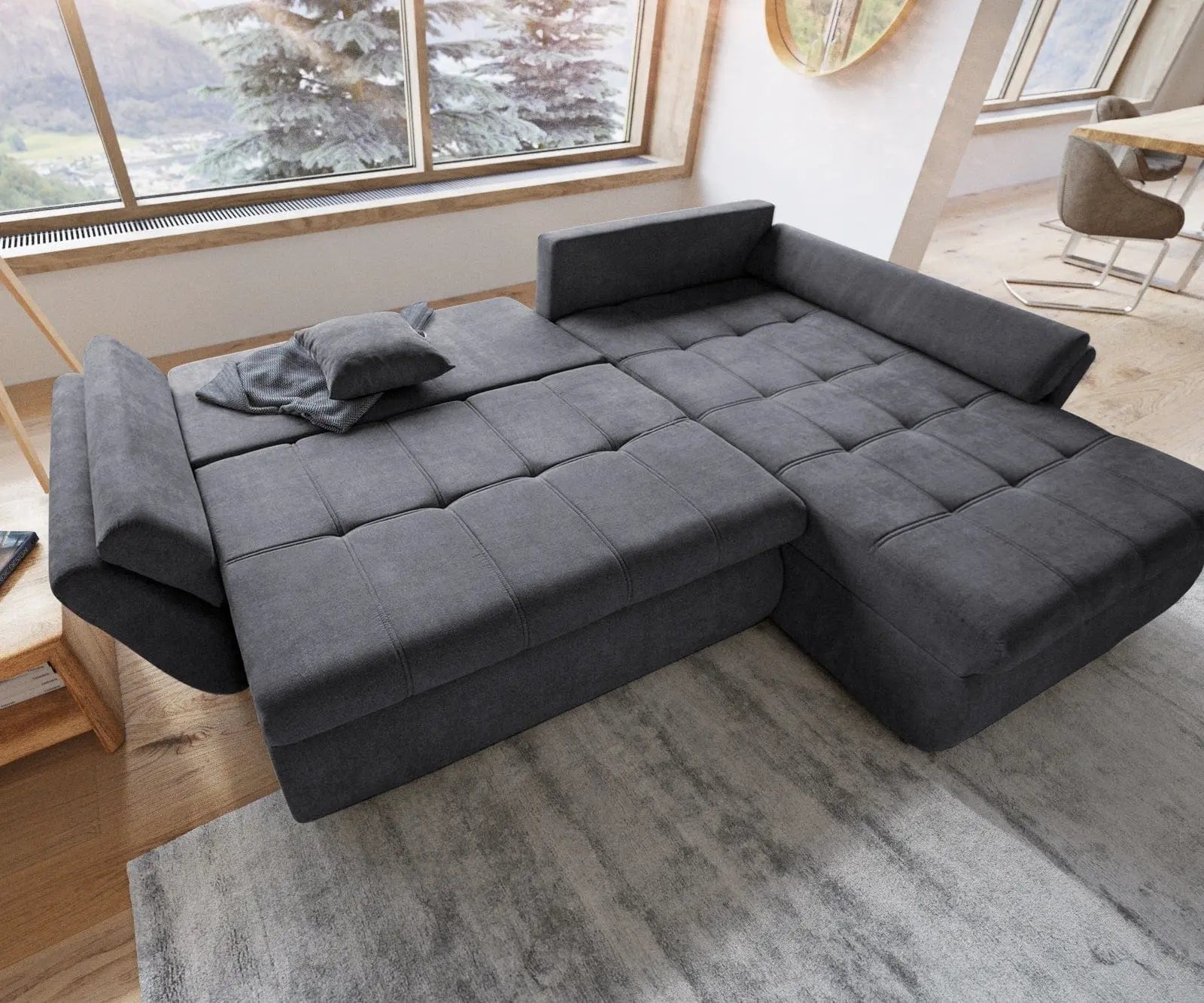 Colțar extensibil dumonde cu ladă de depozitare si sezut confortabil din spuma high-density, Loana Enjoy Grafit II 270x185 cm