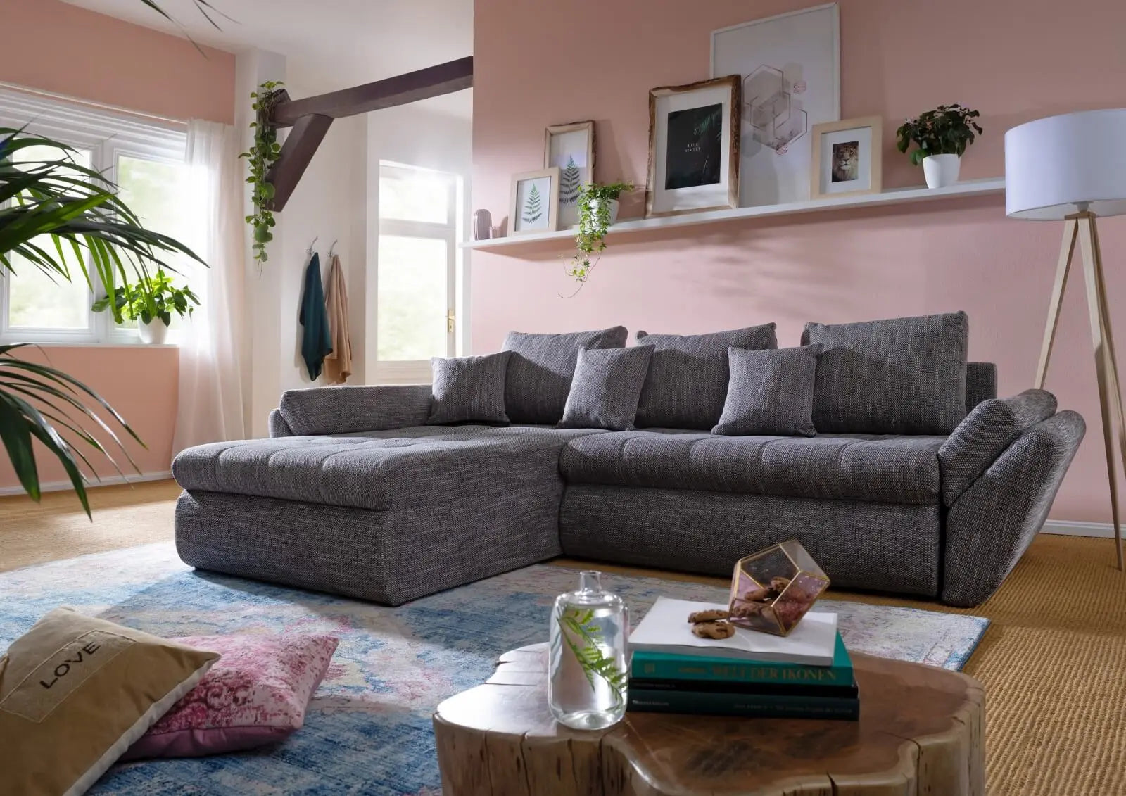 Colțar extensibil dumonde cu ladă de depozitare si sezut confortabil din spuma high-density, Loana Magma Grey 270x185 cm