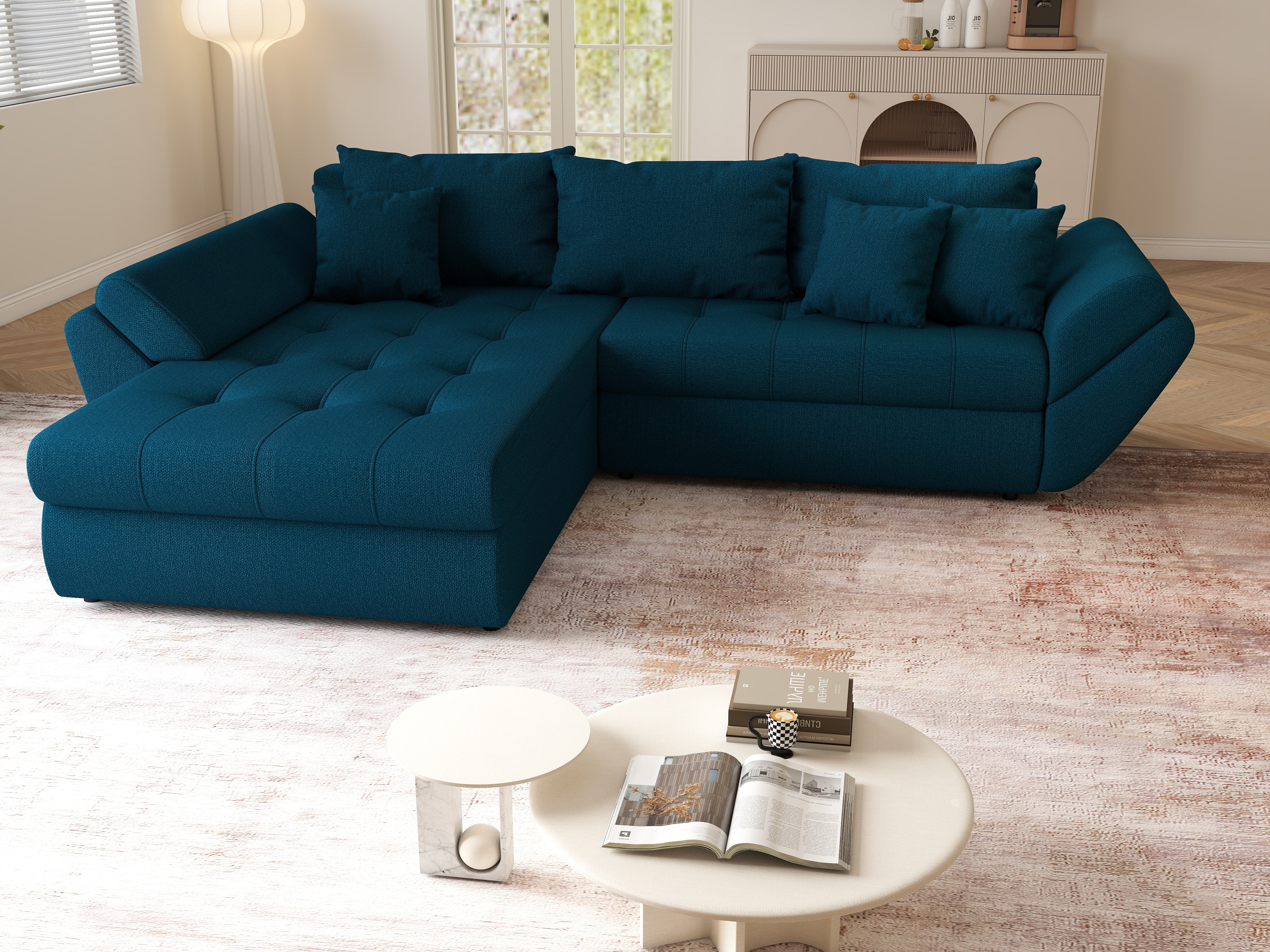 Colțar extensibil dumonde cu ladă de depozitare si sezut confortabil din spuma HR, Loana Enjoy Petrol  270x185 cm Fabrica