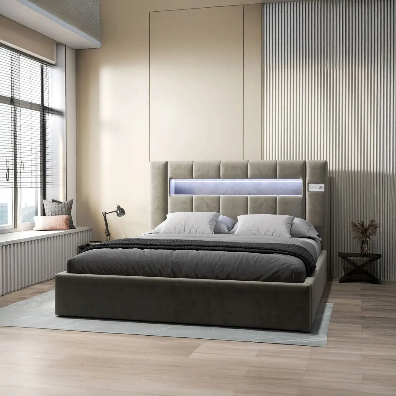 Pat dormitor dumonde, tapitat bej, Glow 180x200 cm, somiera rabatabila inclusa, spatiu depozitare WLS