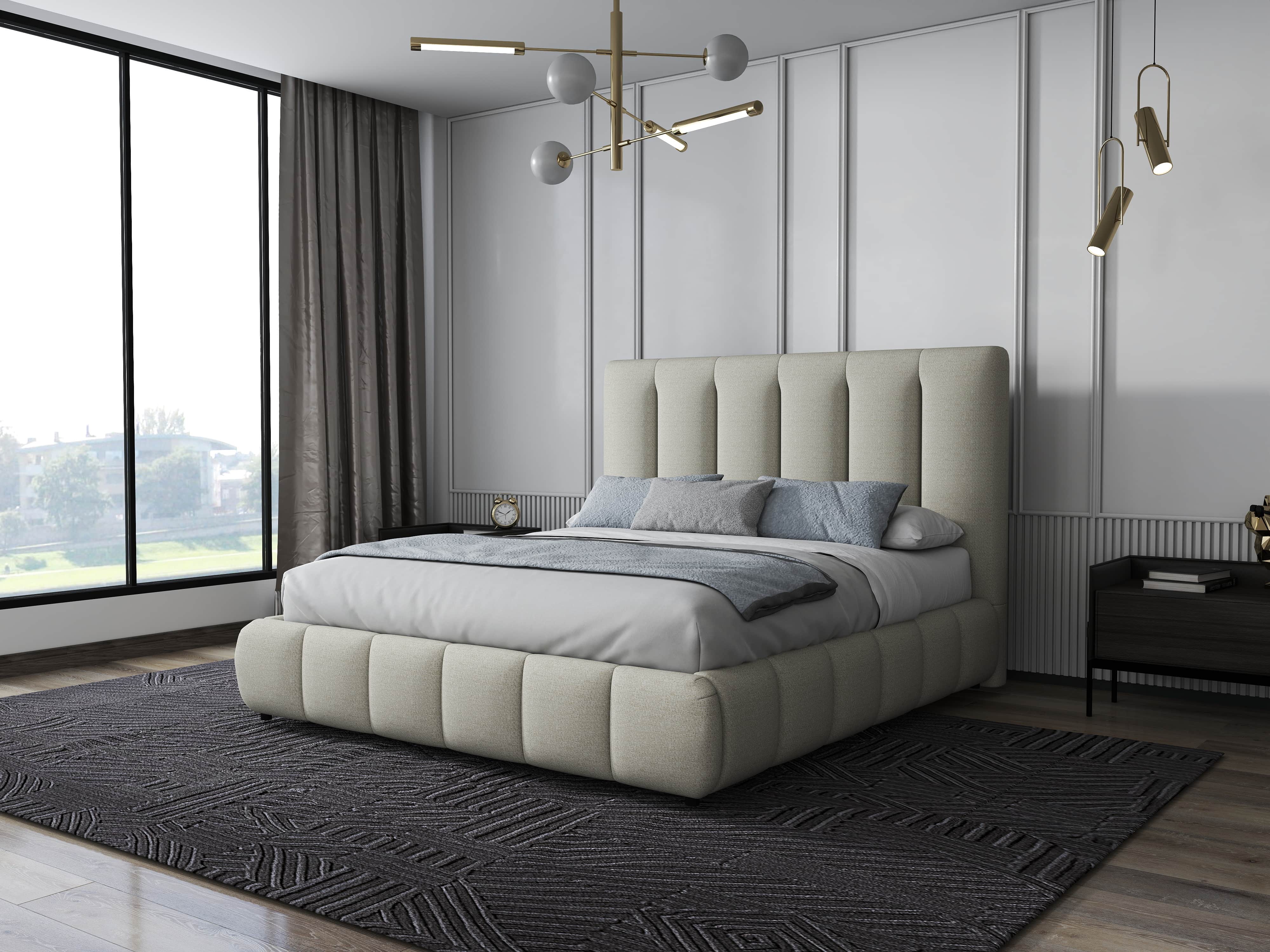 Pat dormitor dumonde, tapitat gri, Divaneo 160x200 cm, somiera rabatabila inclusa, spatiu depozitare WLS