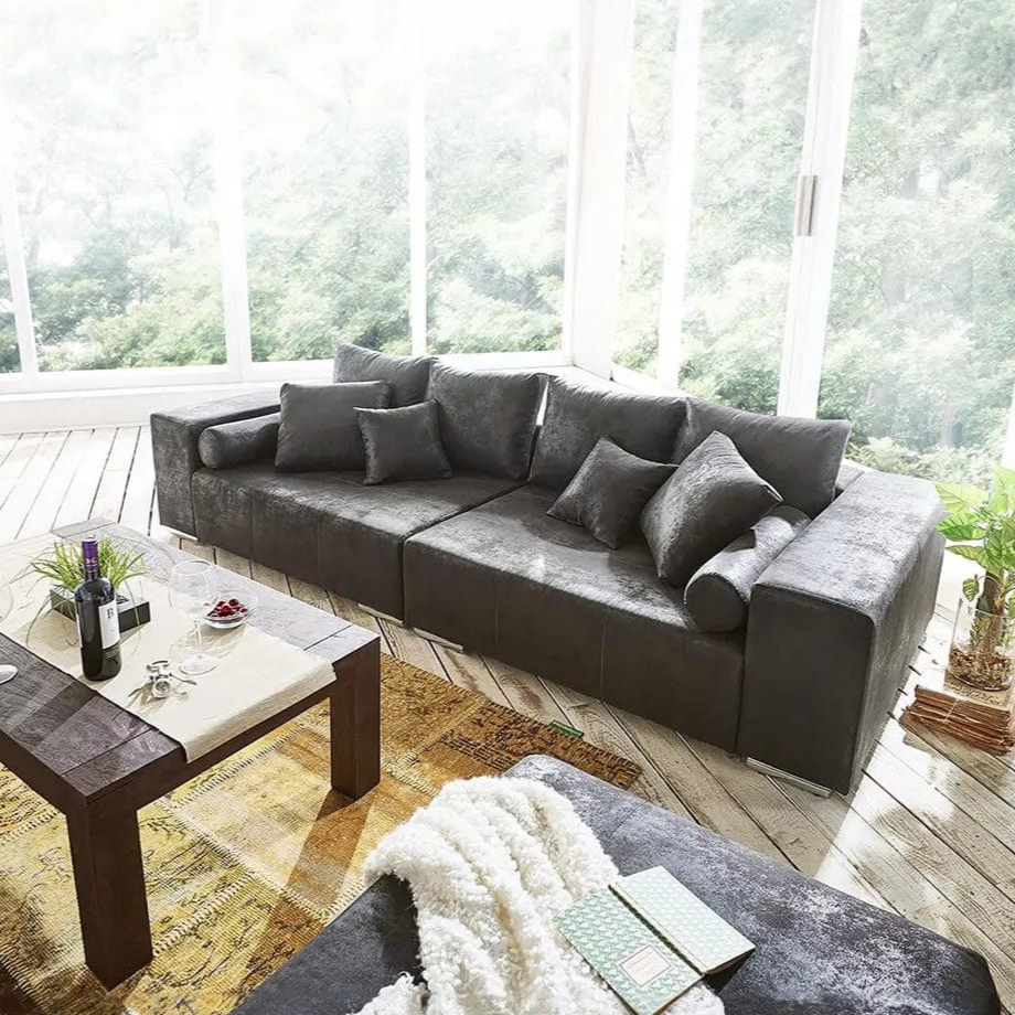 Dumonde kinyitható kanapé tárolórekesszel és kényelmes, nagy sűrűségű habszivacs ülőrésszel, Marbela Madagaskar Szürke XXL 295x100 cm