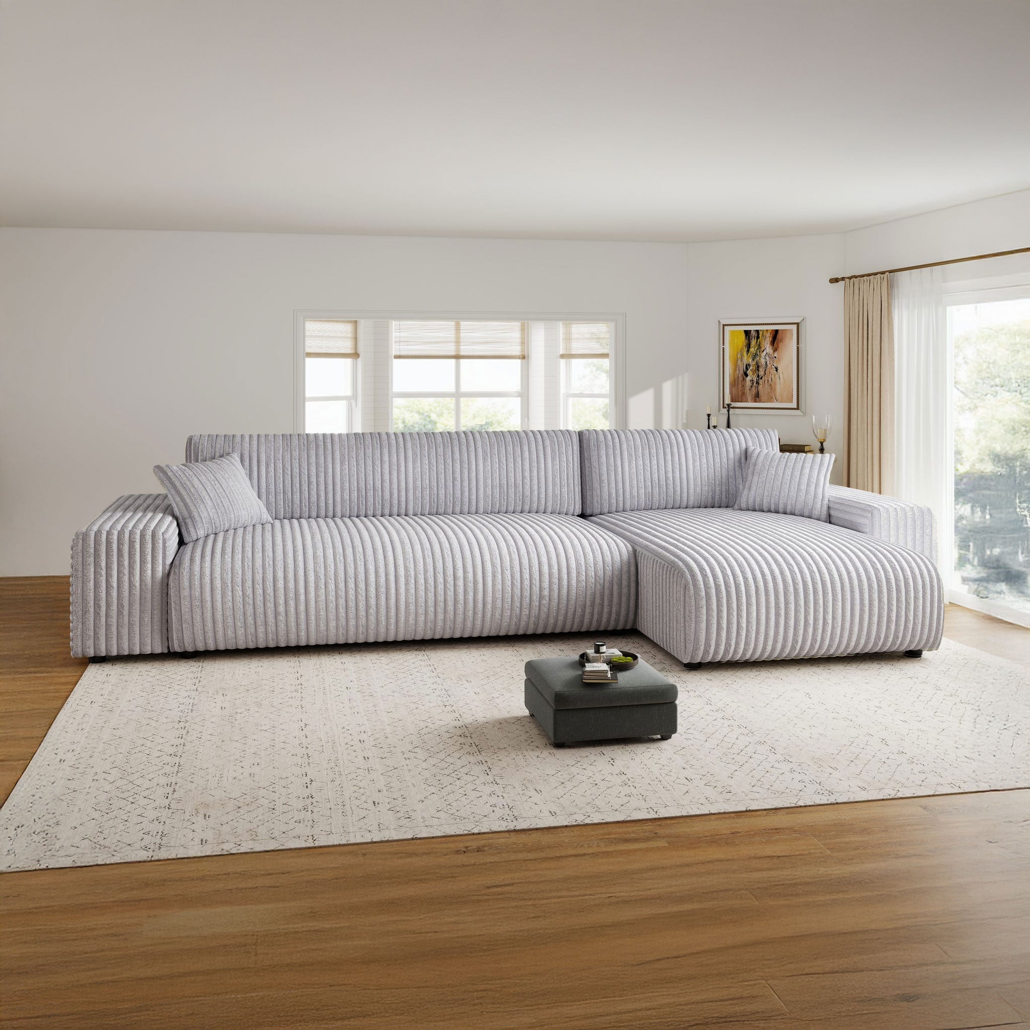 Dumonde kihúzható sarokkanapé tárolórekesszel és kényelmes, nagy sűrűségű habszivacs ülőfelülettel, Justin Tilia gri 294x144 cm