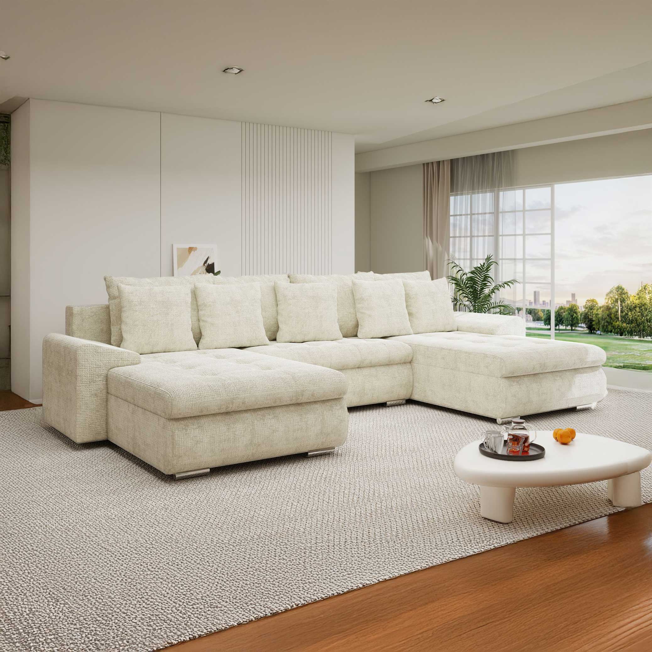 Colțar extensibil dumonde cu ladă de depozitare si sezut confortabil din spuma high-density, Leonardo U Cremona Bej 01 360x185 cm