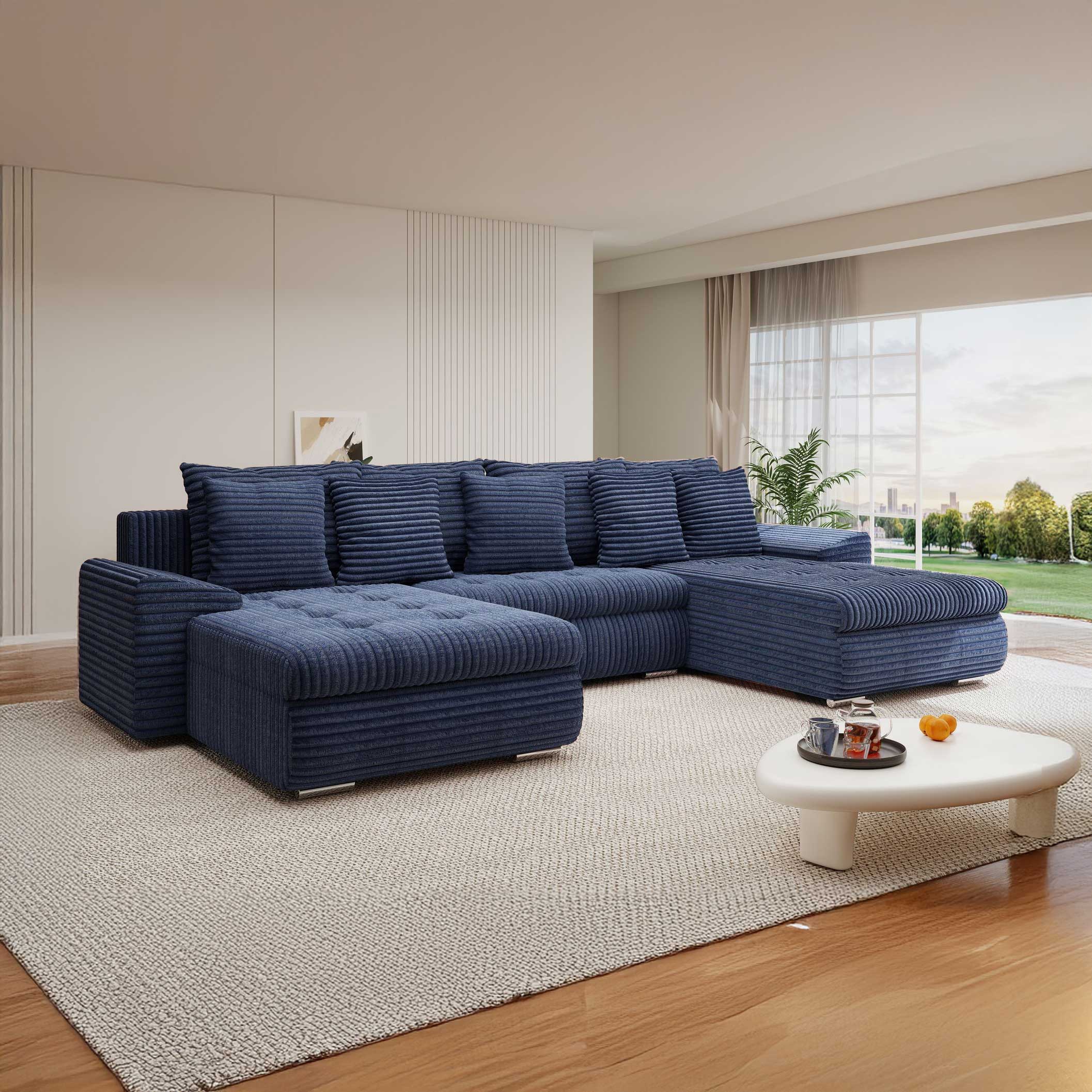 Colțar extensibil dumonde cu ladă de depozitare si sezut confortabil din spuma high-density, Leonardo U Tilia Albastru 77 360x185 cm