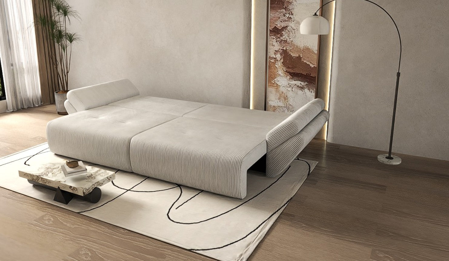 Canapea extensibilă dumonde cu ladă de depozitare si sezut confortabil din spuma HR, Berlin Zoom Cream 300x100 cm Fabrica
