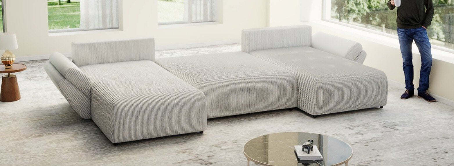 Colțar extensibil dumonde cu ladă de depozitare si sezut confortabil din spuma high-density, Berlin U Zoom Crem 400x185 cm
