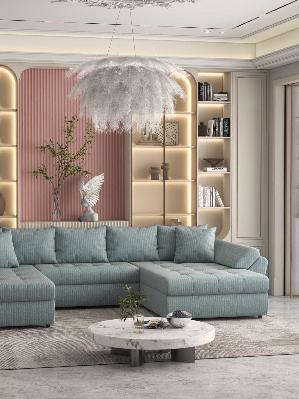 Colțar extensibil dumonde cu ladă de depozitare si sezut confortabil din spuma HR, Loana U Mint Ambience 355x185 cm Fabrica