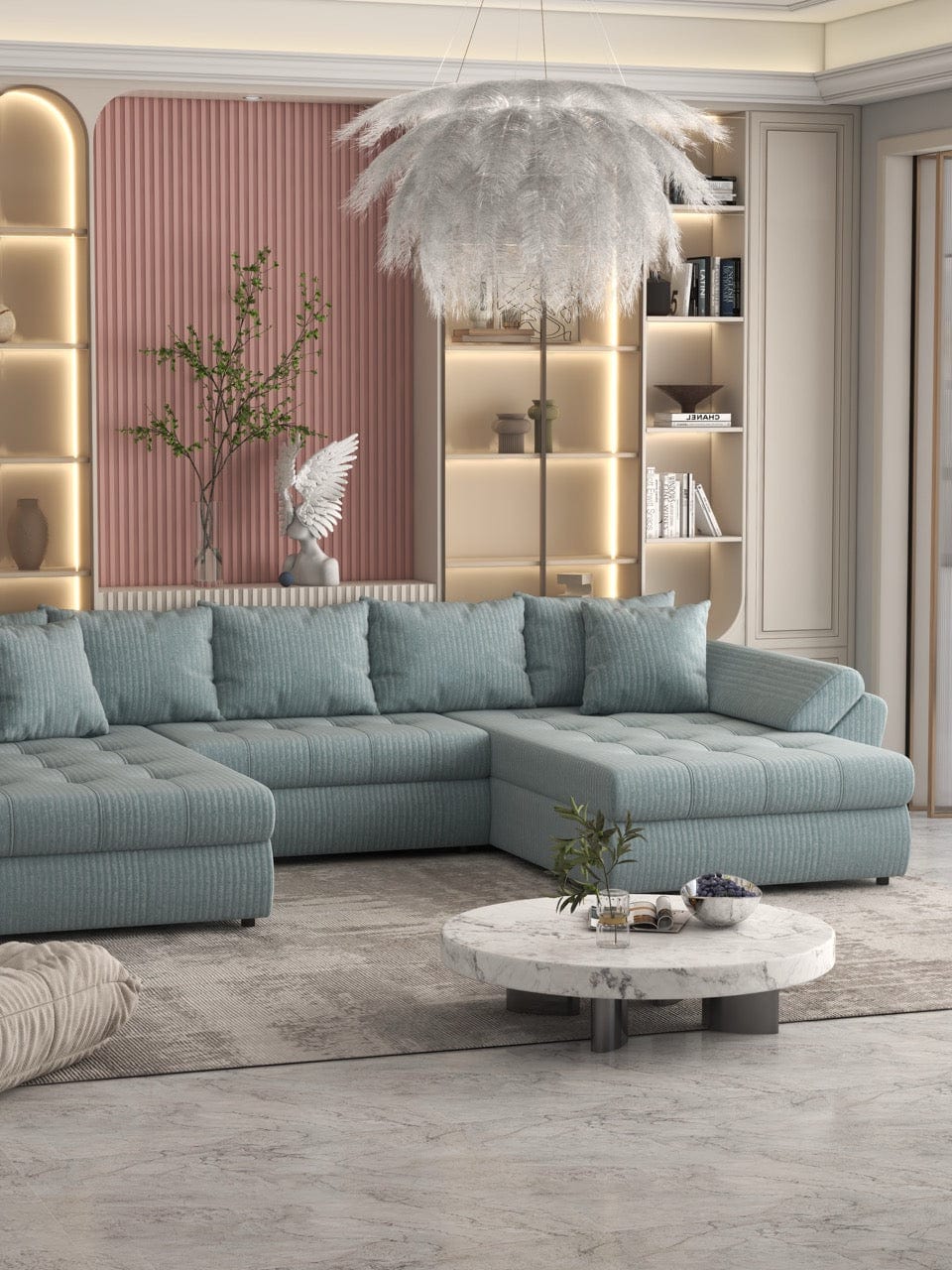 Colțar extensibil dumonde cu ladă de depozitare si sezut confortabil din spuma HR, Loana U Mint Ambience 355x185 cm Fabrica