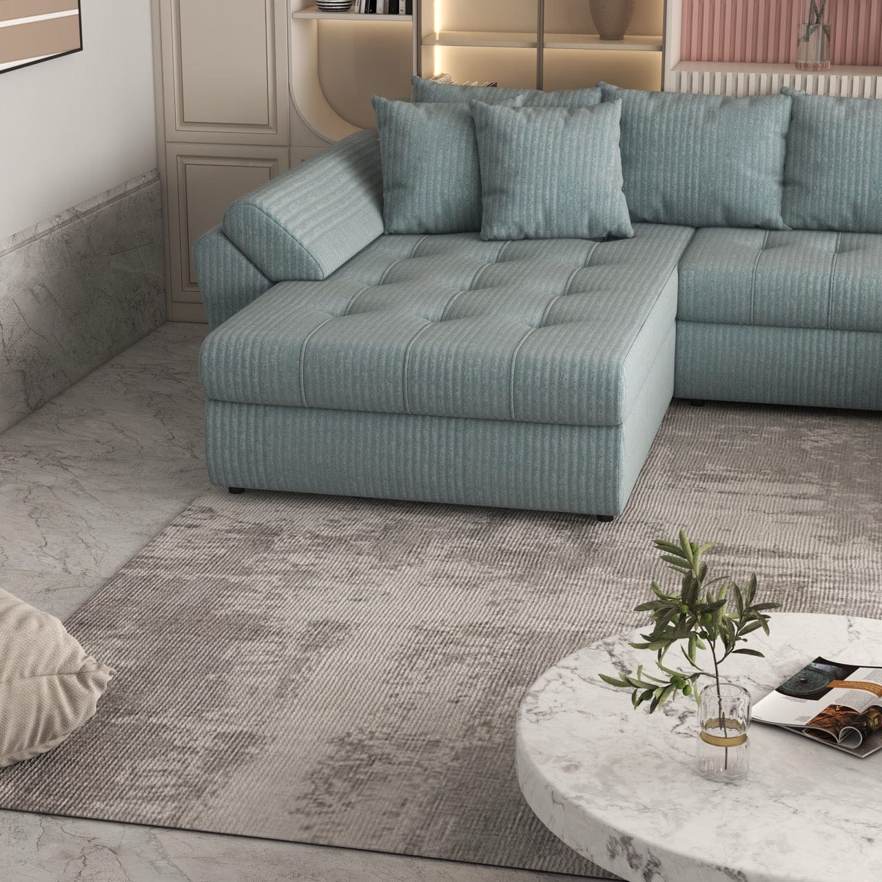 Colțar extensibil dumonde cu ladă de depozitare si sezut confortabil din spuma HR, Loana U Mint Ambience 355x185 cm Fabrica