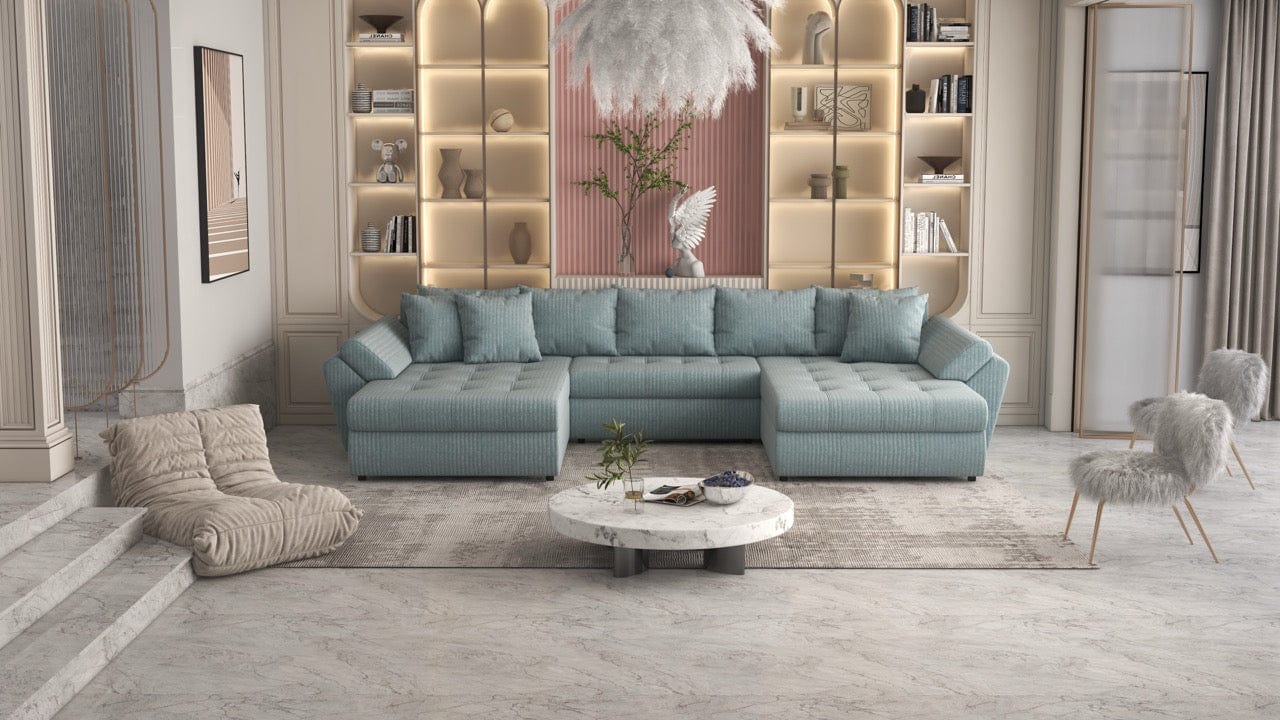 Colțar extensibil dumonde cu ladă de depozitare si sezut confortabil din spuma HR, Loana U Mint Ambience 355x185 cm Fabrica