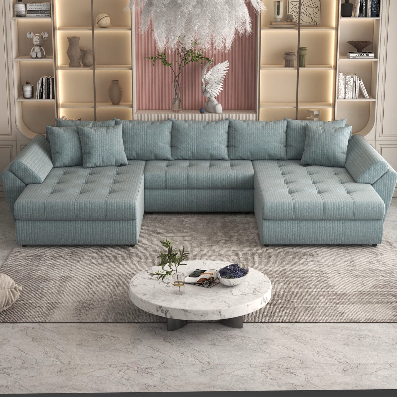 Colțar extensibil dumonde cu ladă de depozitare si sezut confortabil din spuma HR, Loana U Mint Ambience 355x185 cm Fabrica