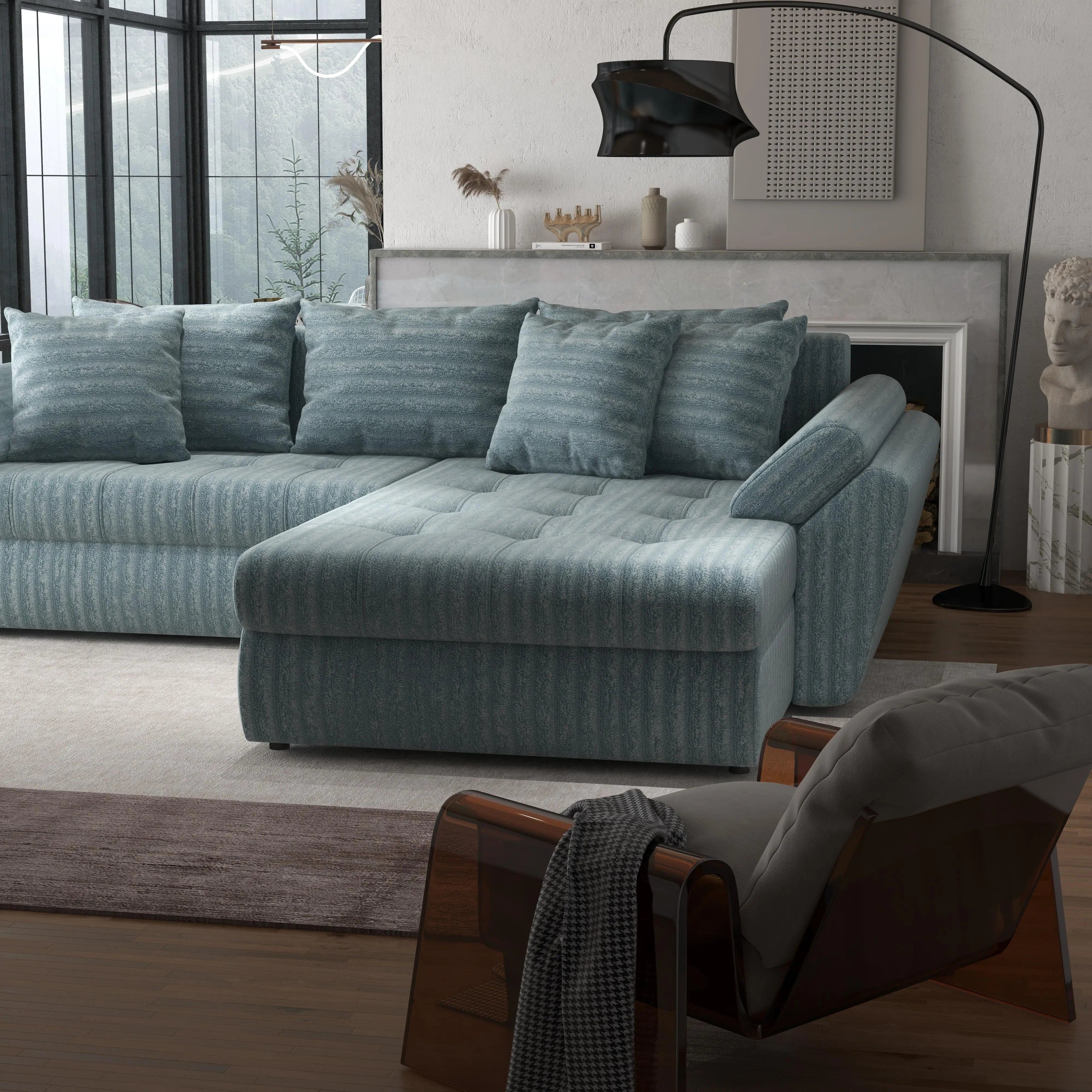 Colțar extensibil dumonde cu ladă de depozitare si sezut confortabil din spuma high-density, Loana Mint Ambience II 270x185 cm