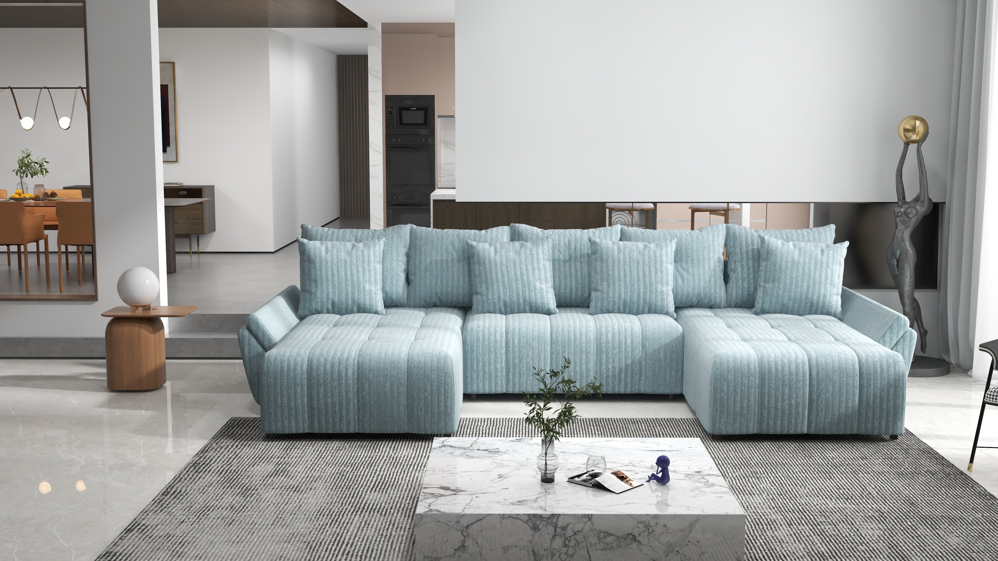 Colțar extensibil dumonde cu ladă de depozitare si sezut confortabil din spuma HR, Berlin U Mint 380x180 cm Fabrica