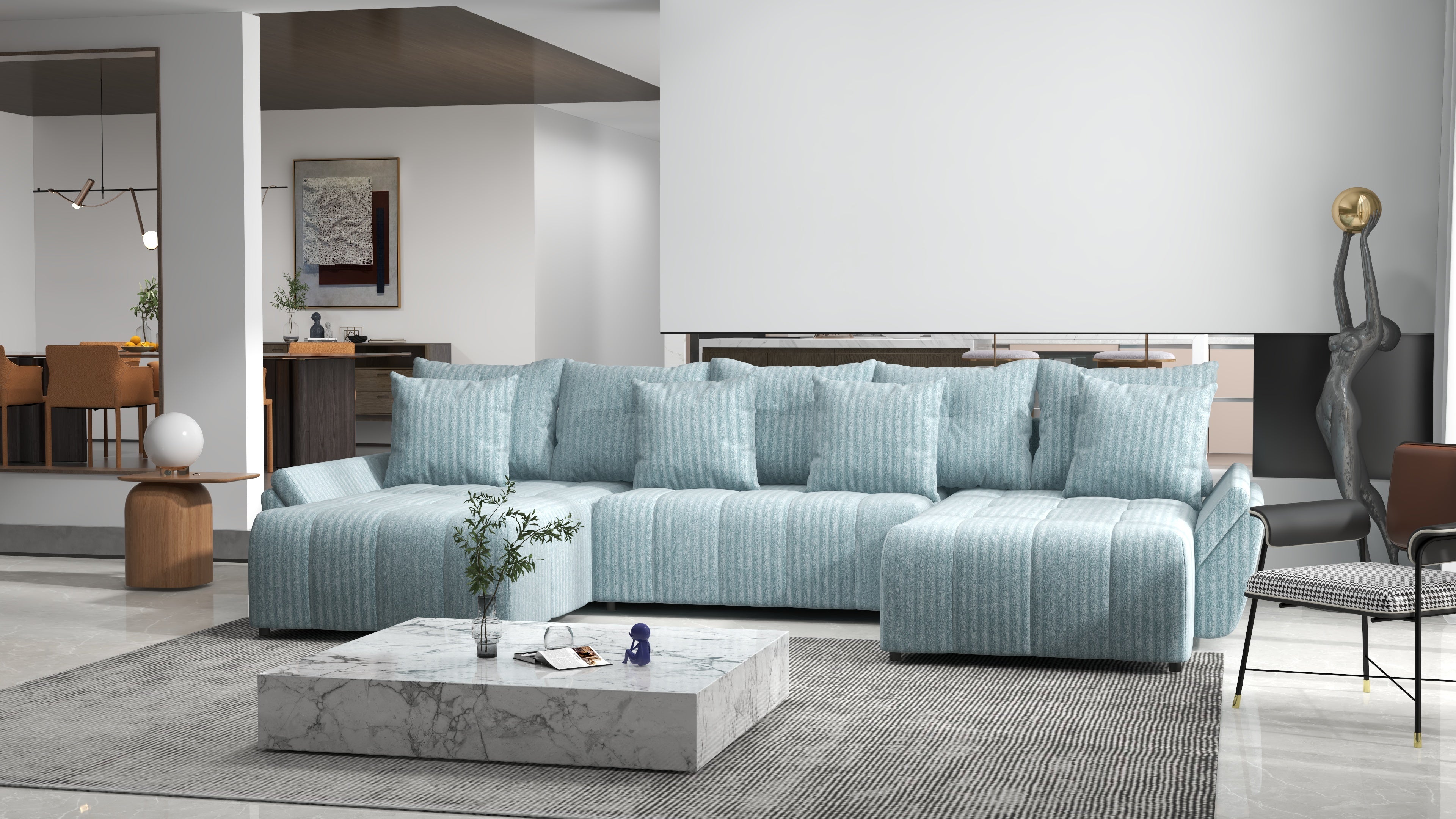 Colțar extensibil dumonde cu ladă de depozitare si sezut confortabil din spuma HR, Berlin U Mint 380x180 cm Fabrica