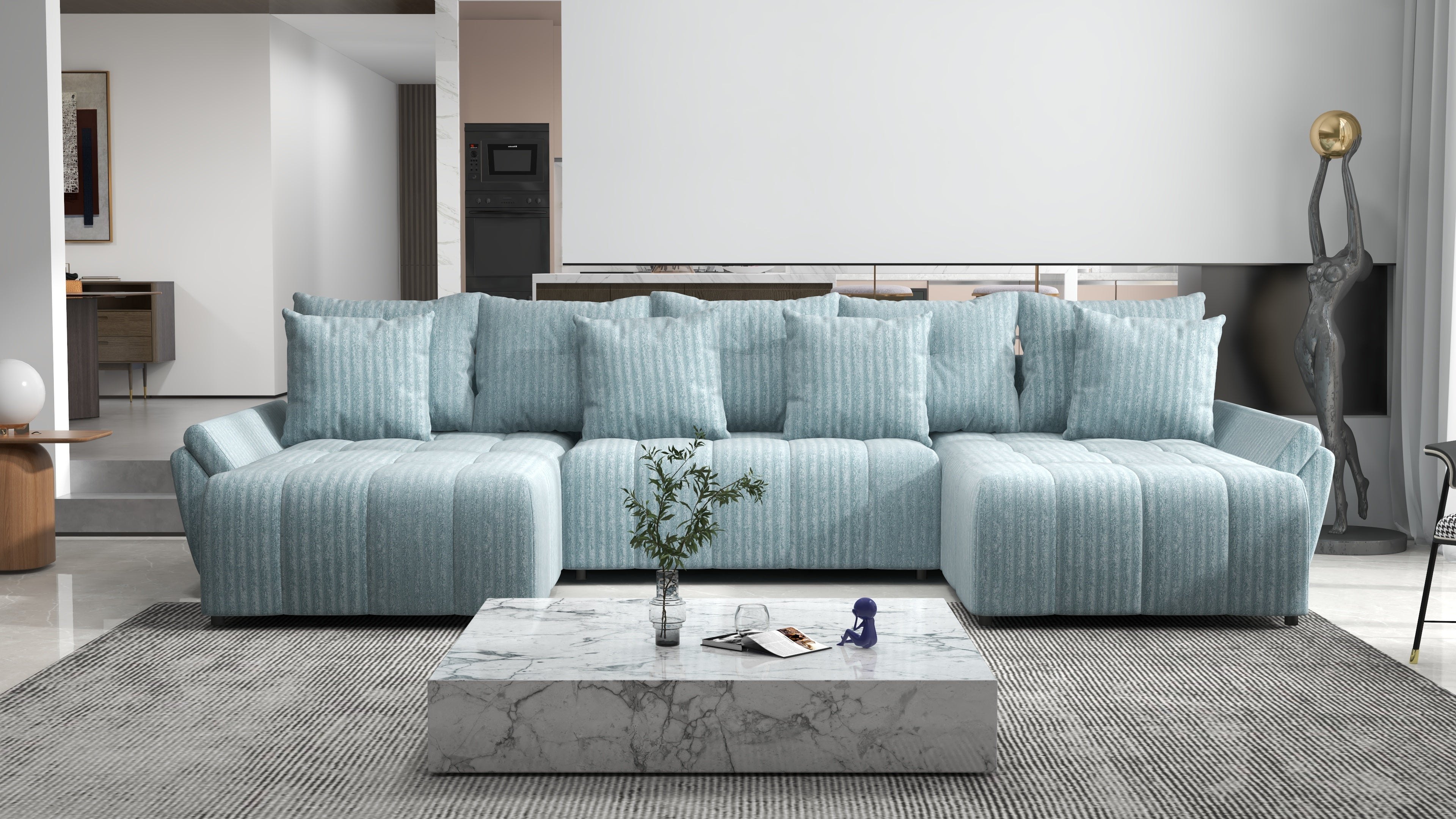 Colțar extensibil dumonde cu ladă de depozitare si sezut confortabil din spuma HR, Berlin U Mint 380x180 cm Fabrica