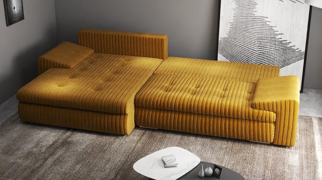 Colțar extensibil dumonde cu ladă de depozitare si sezut confortabil din spuma HR, Leonardo Ambience Mustar 260x185 cm Fabrica
