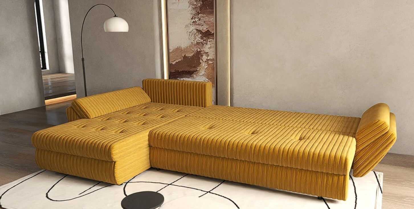 Colțar extensibil dumonde cu ladă de depozitare si sezut confortabil din spuma HR, Loana XL Ambience Mustar II 335x185 cm Fabrica