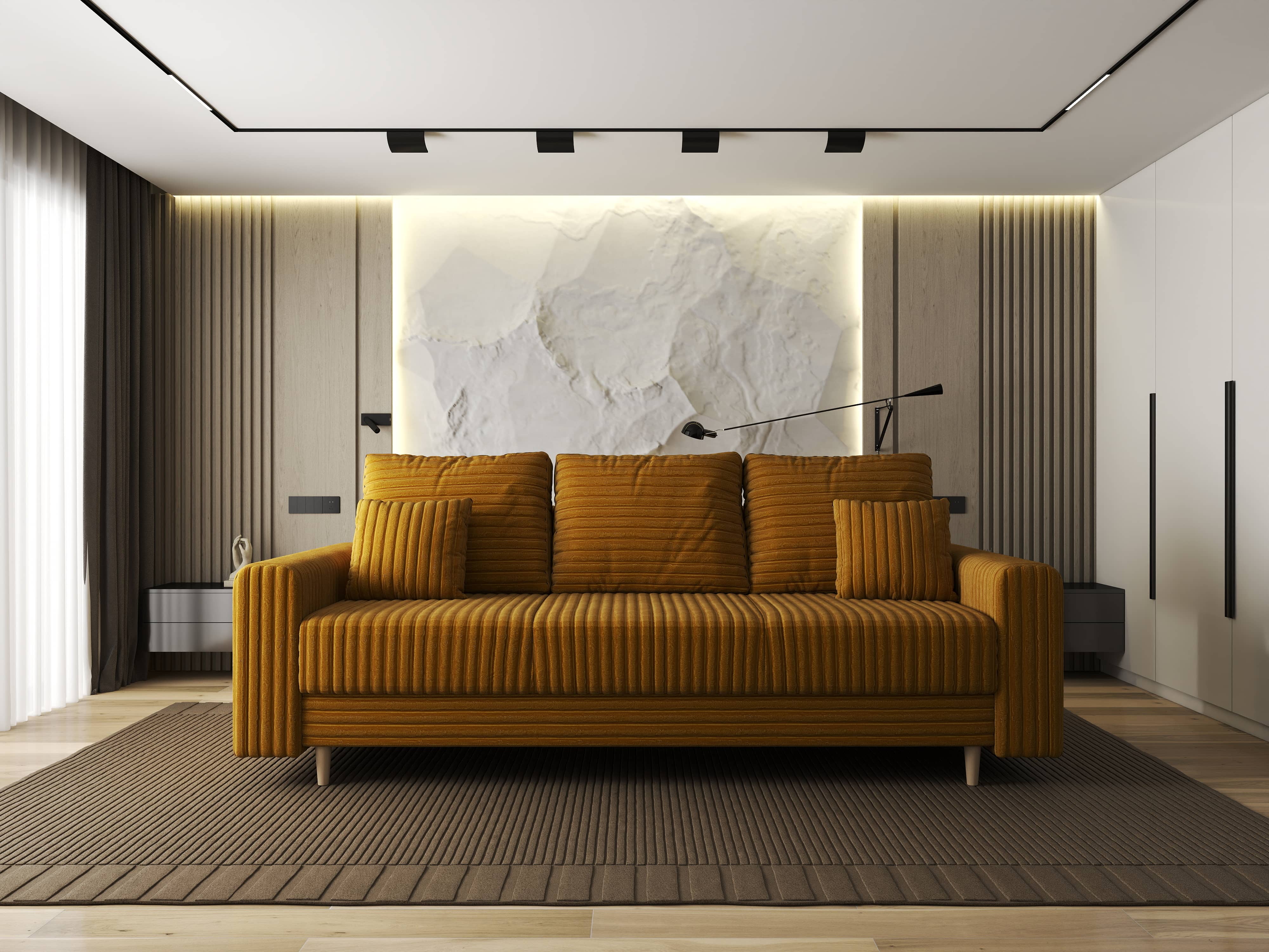 Canapea extensibilă dumonde cu ladă de depozitare si sezut confortabil din spuma HR, Kronos Ambience Mustar 210x100 cm fabrica