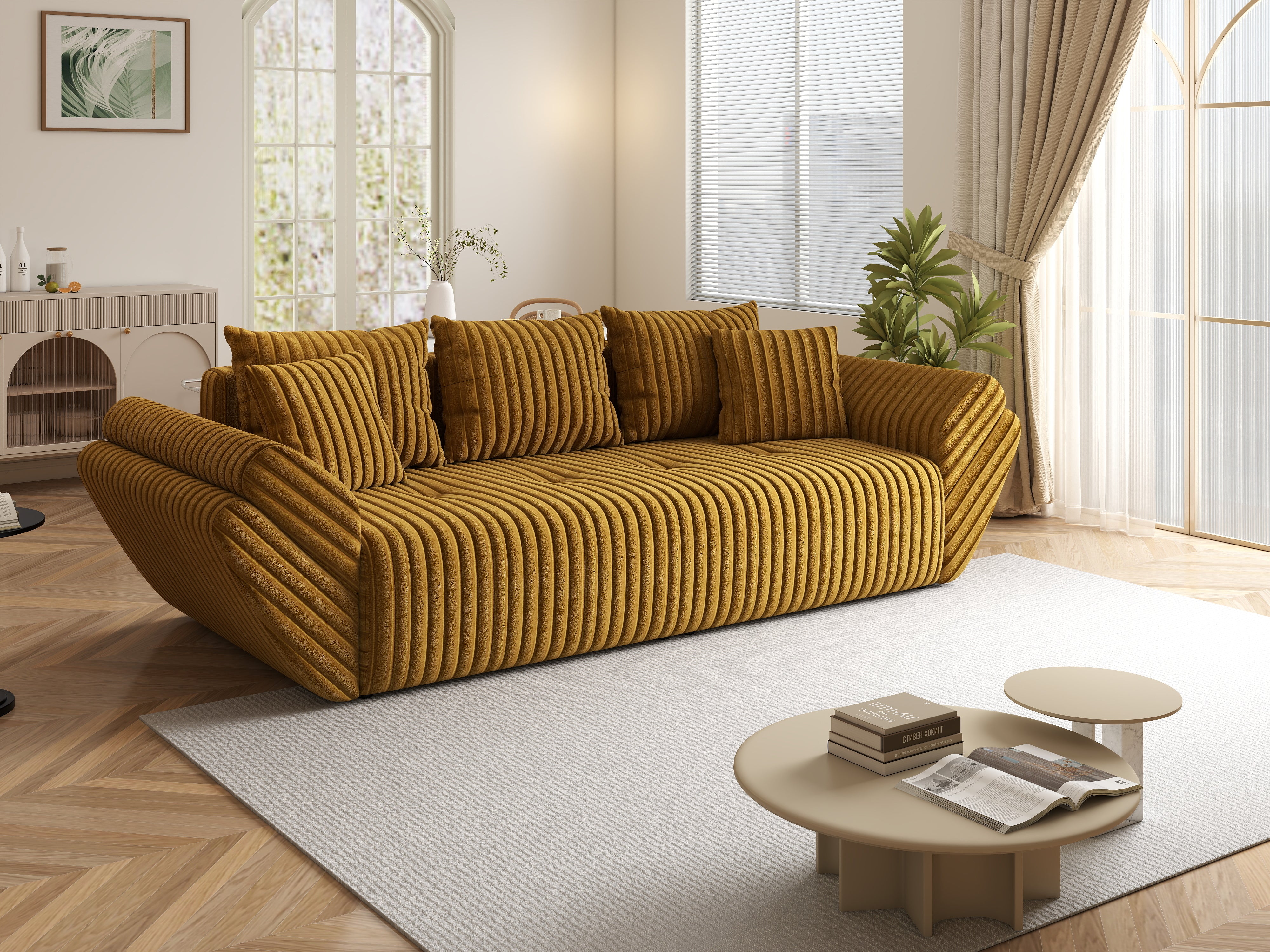 Canapea extensibilă dumonde cu ladă de depozitare si sezut confortabil din spuma HR, Berlin Ambience Mustar 250x100 cm Fabrica