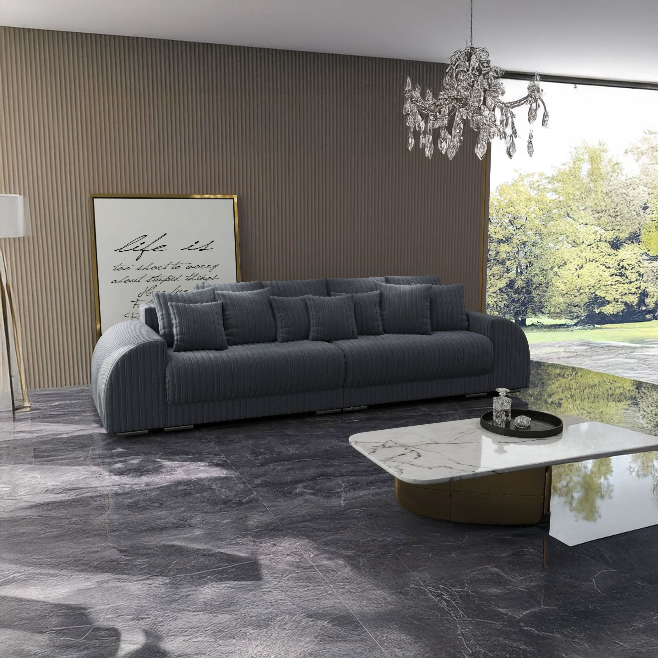 Canapea extensibilă dumonde cu 2 lăzi de depozitare si sezut confortabil din spuma HR, Verona Ambience Grey 310x100 cm Fabrica