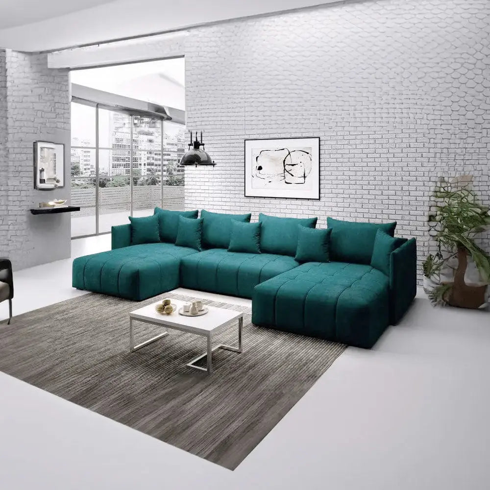 Colțar extensibil dumonde cu ladă de depozitare si sezut confortabil din spuma HR, Malta U Verde Petrol 340x185 cm Fabrica