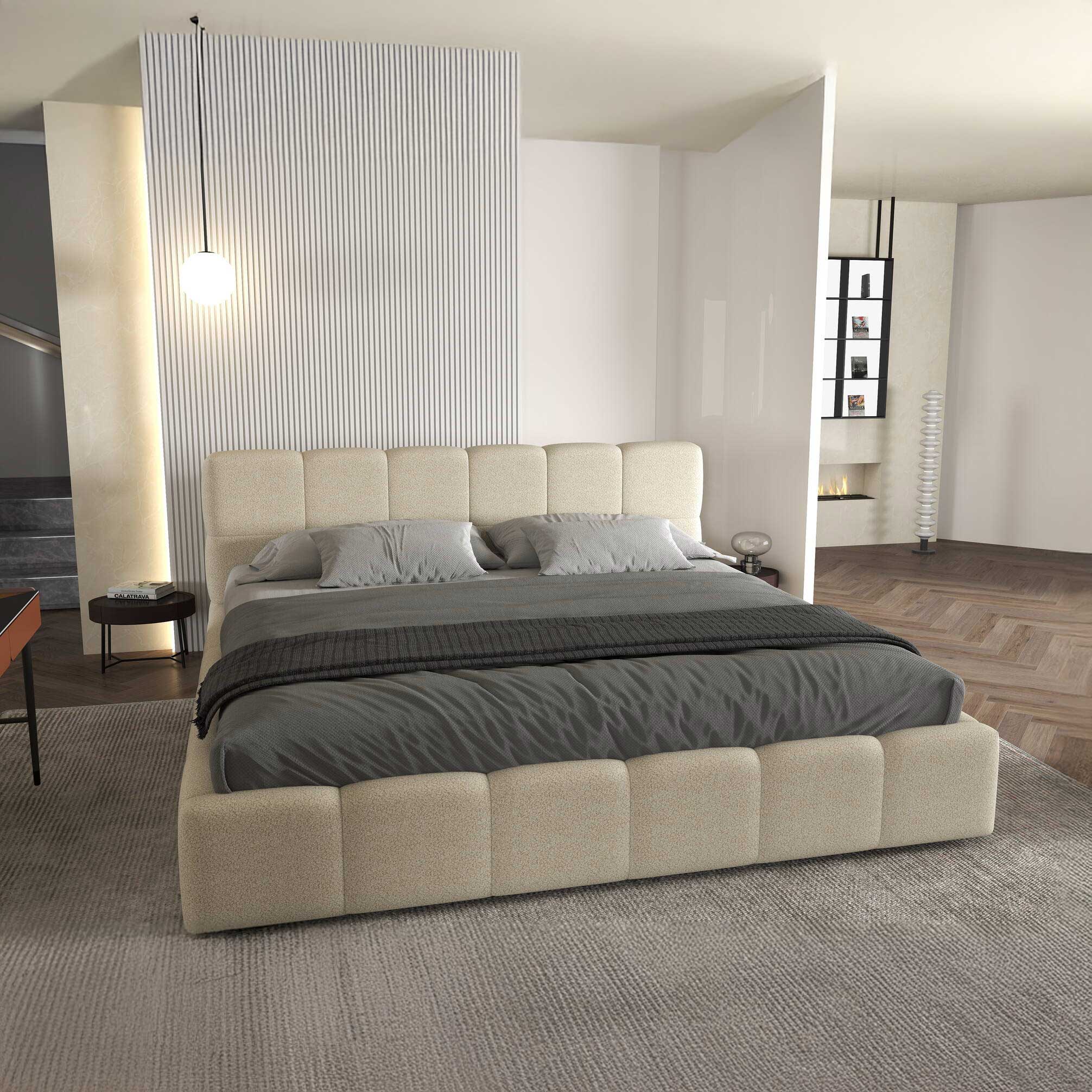 Dumonde hálószoba ágy, bézs kárpitozott, Barcelona 140x200 cm, felnyitható ágyráccsal, tárolóhellyel