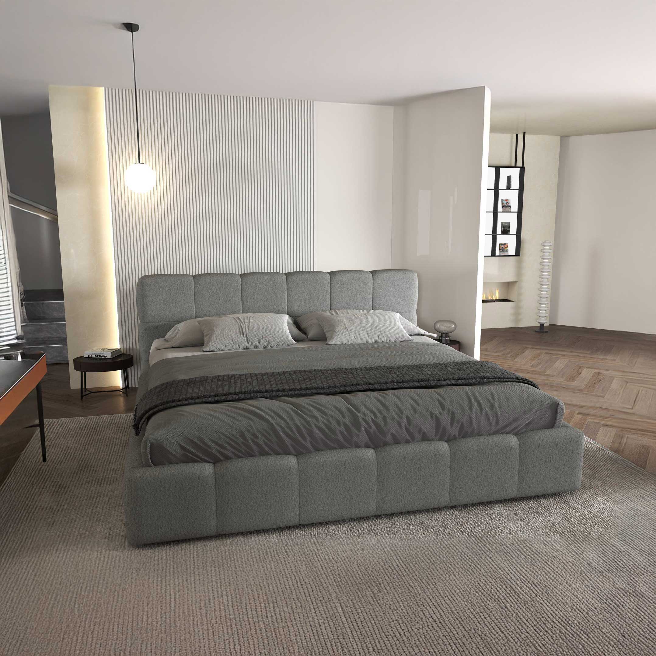 Dumonde hálószoba ágy, kárpitozott szürke, Barcelona 180x200 cm, felnyitható ágyráccsal, tárolóhellyel