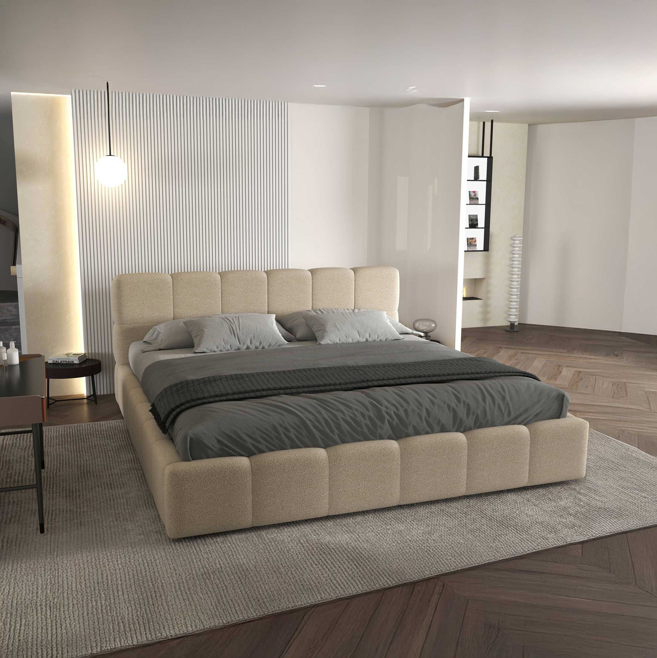 Dumonde hálószoba ágy, bézs kárpitozott, Barcelona 140x200 cm, felnyitható ágyráccsal, tárolóhellyel