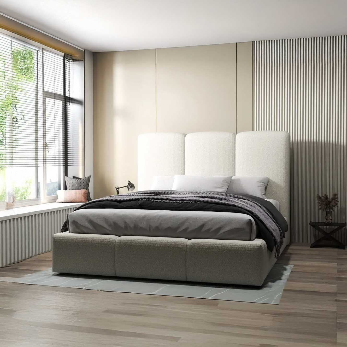 Dumonde hálószobai ágy, bézs kárpitozott, Dinasty 180x200 cm, felnyitható ágyráccsal, tárolóhellyel