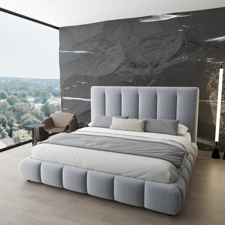 Pat dormitor dumonde, tapitat gri, Divaneo 140x200 cm, somiera rabatabila inclusa, spatiu depozitare WLS