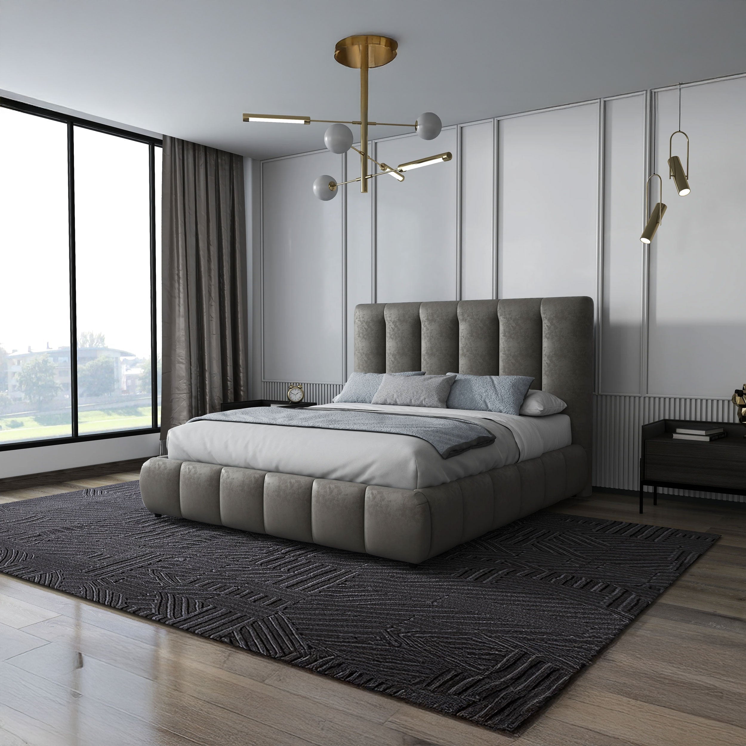 Pat dormitor dumonde, tapitat bej, Divaneo 160x200 cm, somiera rabatabila inclusa, spatiu depozitare WLS