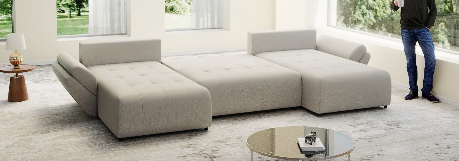 Colțar extensibil dumonde cu ladă de depozitare si sezut confortabil din spuma high-density, Berlin U Enjoy Bej 400x185 cm