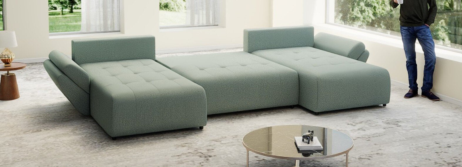 Colțar extensibil dumonde cu ladă de depozitare si sezut confortabil din spuma high-density, Berlin U Enjoy Mint 400x185 cm