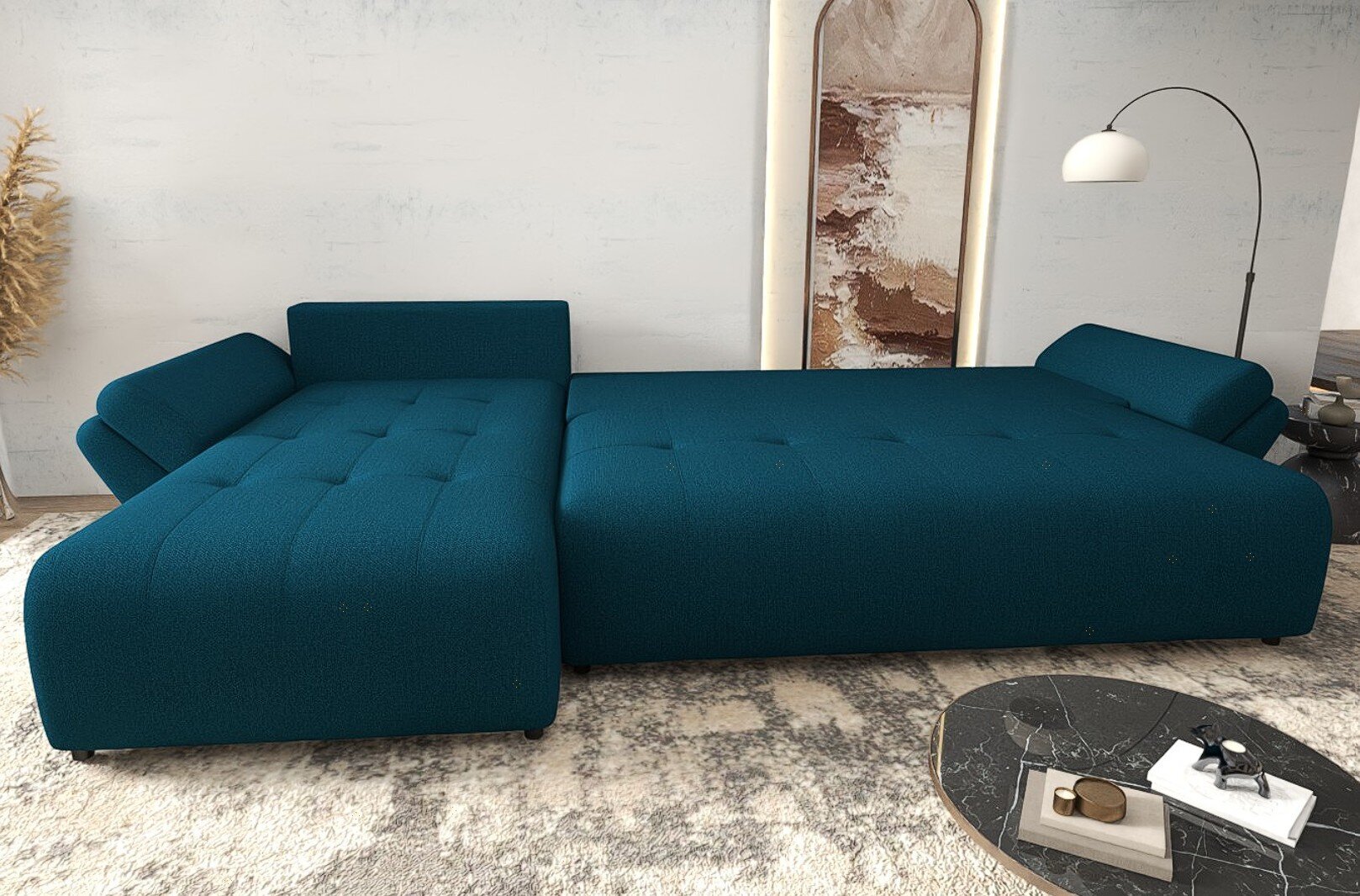 Colțar extensibil dumonde cu ladă de depozitare si sezut confortabil din spuma high-density, Berlin XL Enjoy Petrol 350x185 cm