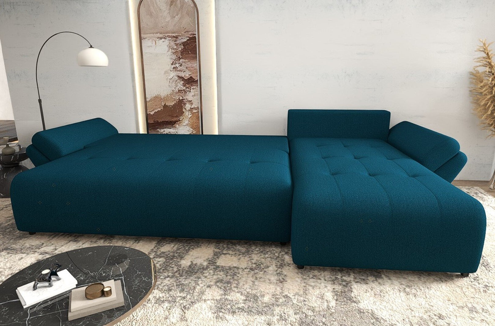 Colțar extensibil dumonde cu ladă de depozitare si sezut confortabil din spuma high-density, Berlin XL Enjoy Petrol 350x185 cm II