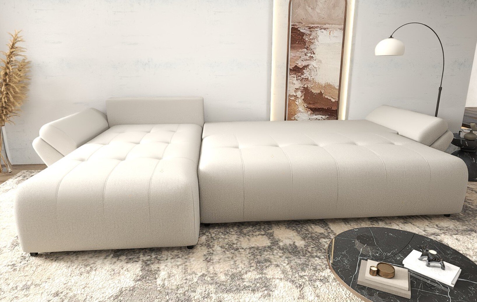 Colțar extensibil dumonde cu ladă de depozitare si sezut confortabil din spuma high-density, Berlin XL Enjoy Beige 350x185 cm