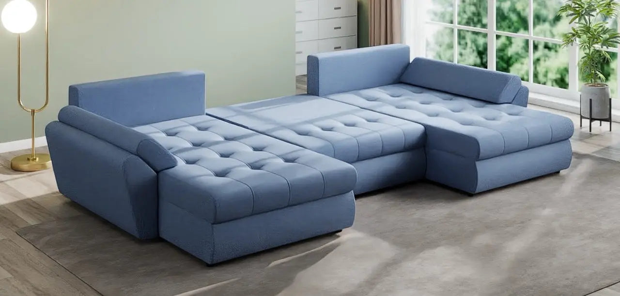 Colțar extensibil  dumonde cu ladă de depozitare si sezut confortabil din spuma HR, Loana U Enjoy Blue 355x185 cm Fabrica