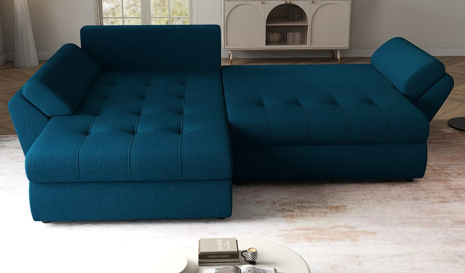 Colțar extensibil dumonde cu ladă de depozitare si sezut confortabil din spuma HR, Loana Enjoy Petrol  270x185 cm Fabrica