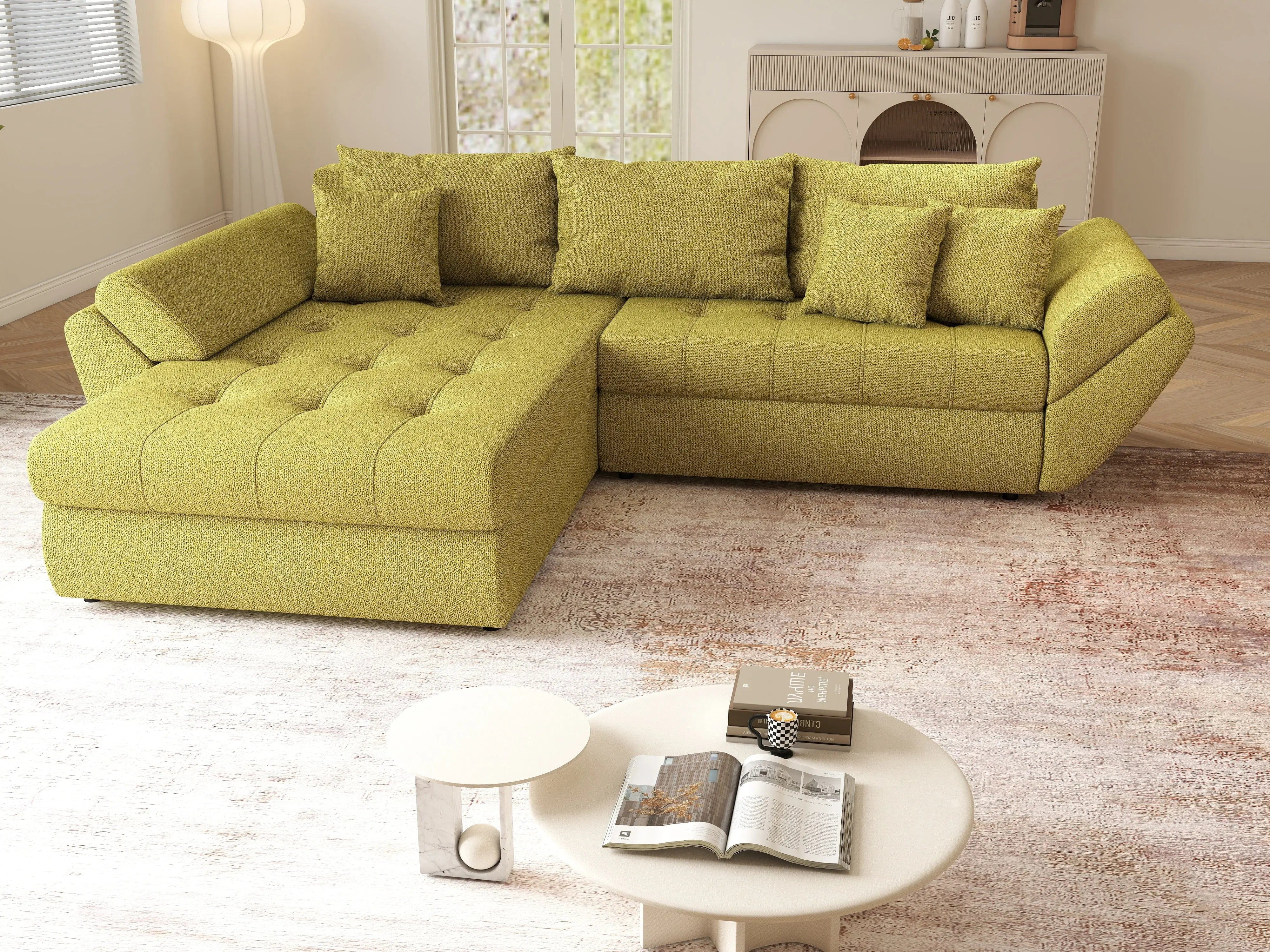 Colțar extensibil dumonde cu ladă de depozitare si sezut confortabil din spuma HR, Loana Green Lux 270x185 cm Fabrica