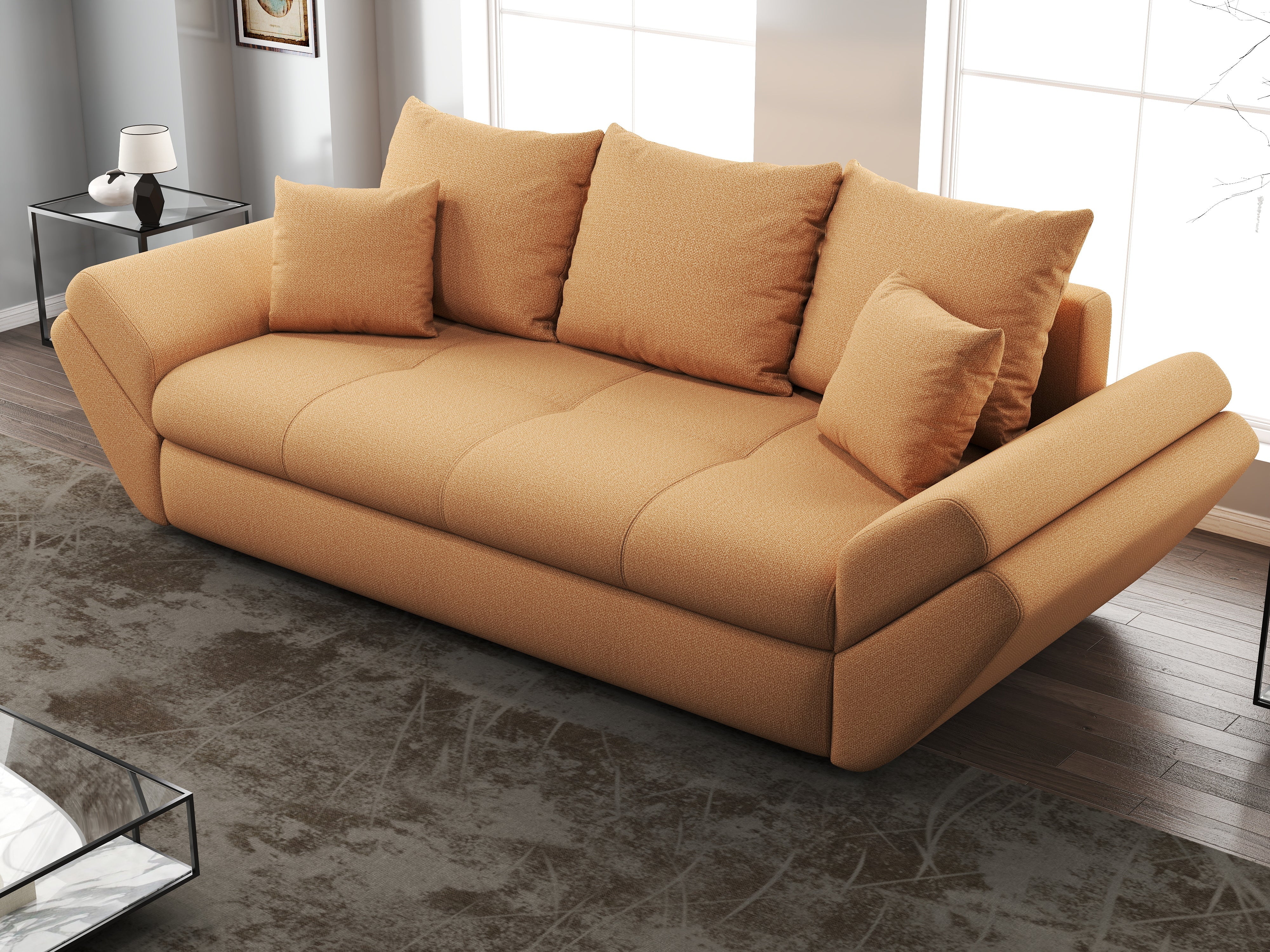 Canapea extensibilă dumonde cu ladă de depozitare si sezut confortabil din spuma HR, Loana Enjoy Mango 250x100 cm Fabrica