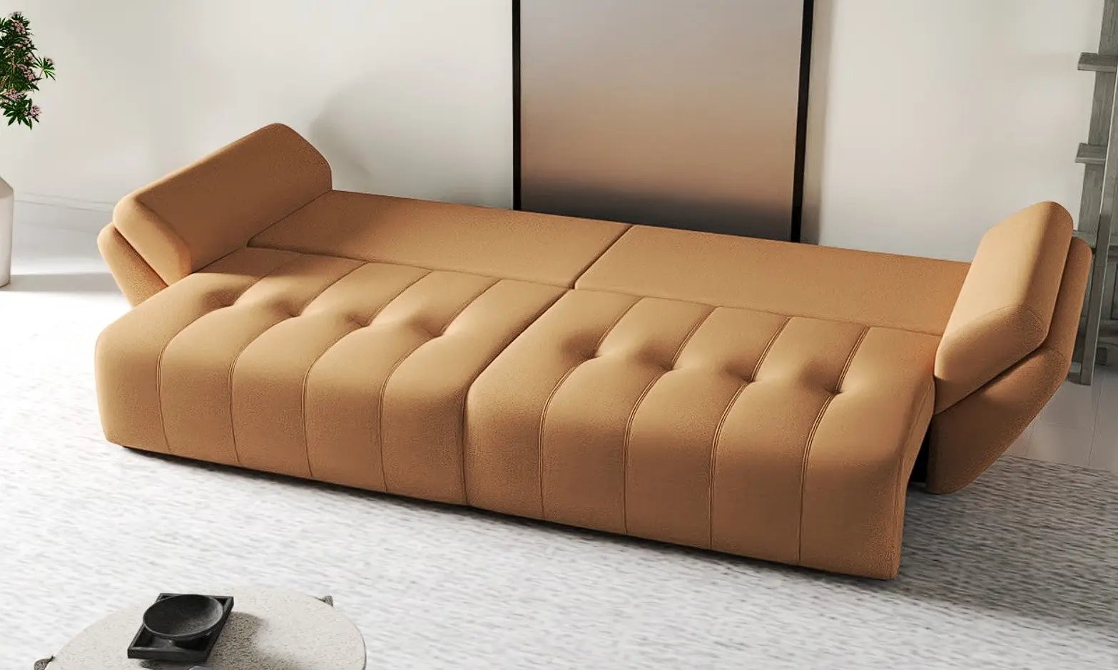 Canapea extensibilă dumonde cu ladă de depozitare si sezut confortabil din spuma HR, Berlin Enjoy Mango 300x100 cm Fabrica