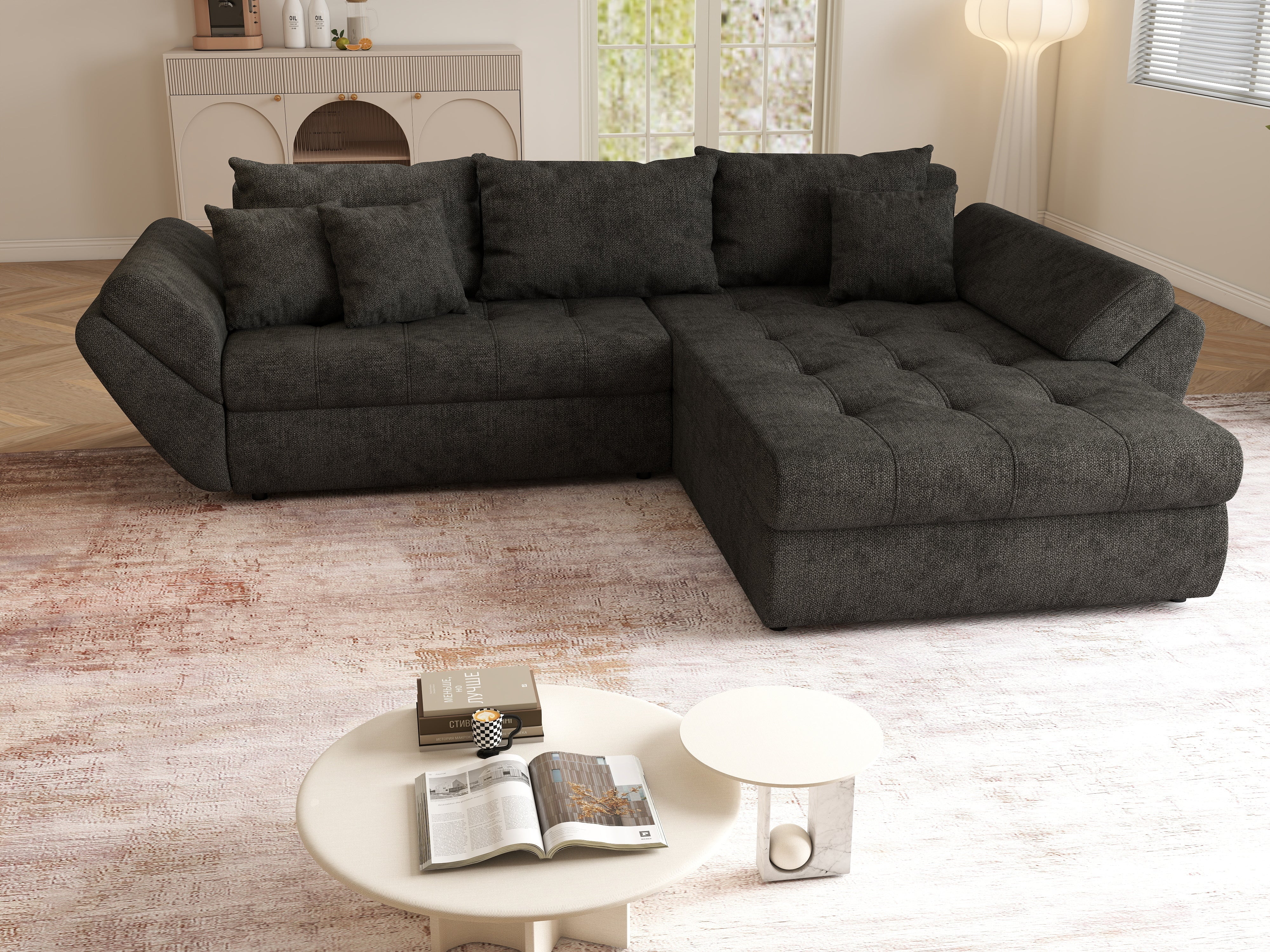 Colțar extensibil dumonde cu ladă de depozitare si sezut confortabil din spuma HR, Loana Enjoy Black 270x185 cm Fabrica
