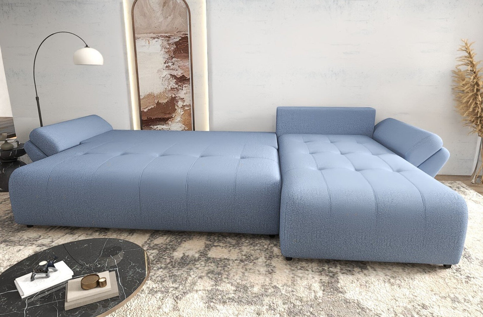 Colțar extensibil dumonde cu ladă de depozitare si sezut confortabil din spuma high-density, Berlin XL Enjoy Blue 350x185 cm II