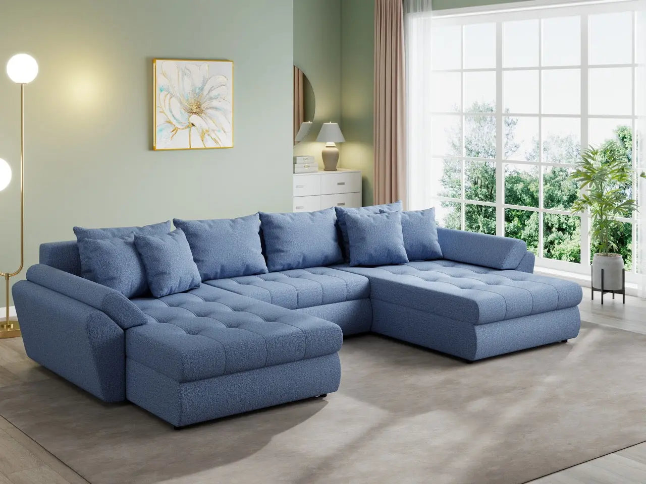 Colțar extensibil  dumonde cu ladă de depozitare si sezut confortabil din spuma HR, Loana U Enjoy Blue 355x185 cm Fabrica