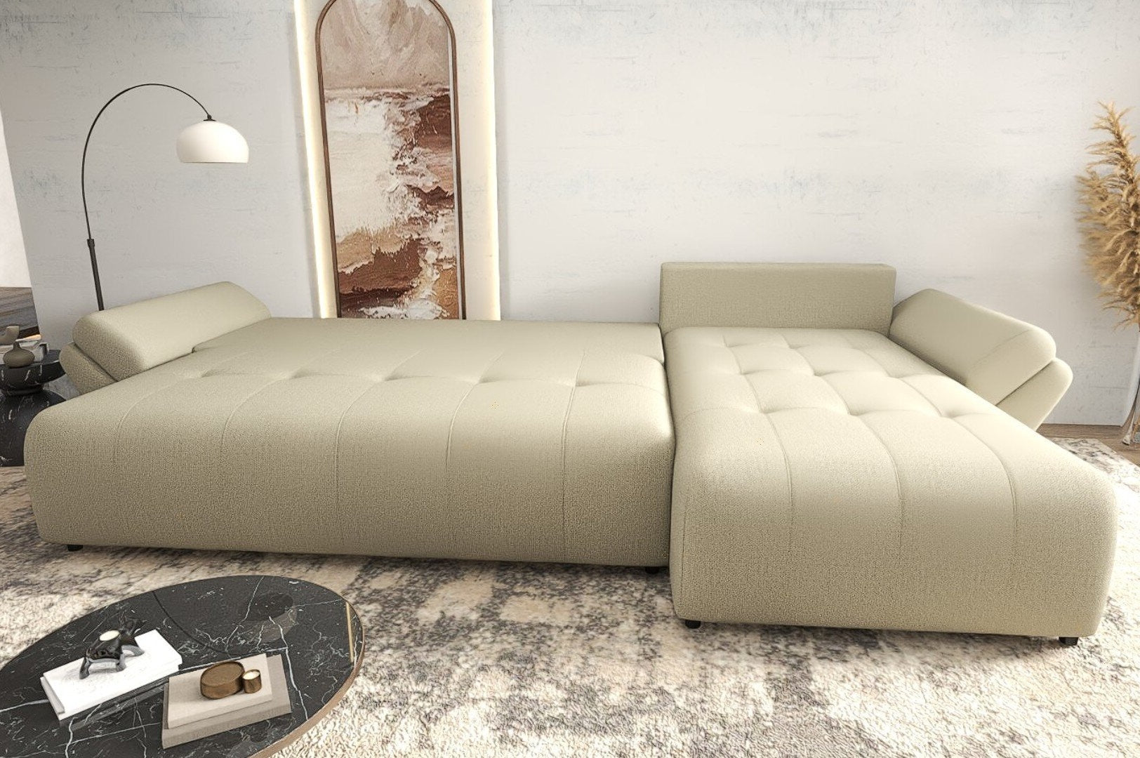 Colțar extensibil dumonde cu ladă de depozitare si sezut confortabil din spuma high-density, Berlin XL Enjoy Camel 350x185 cm II