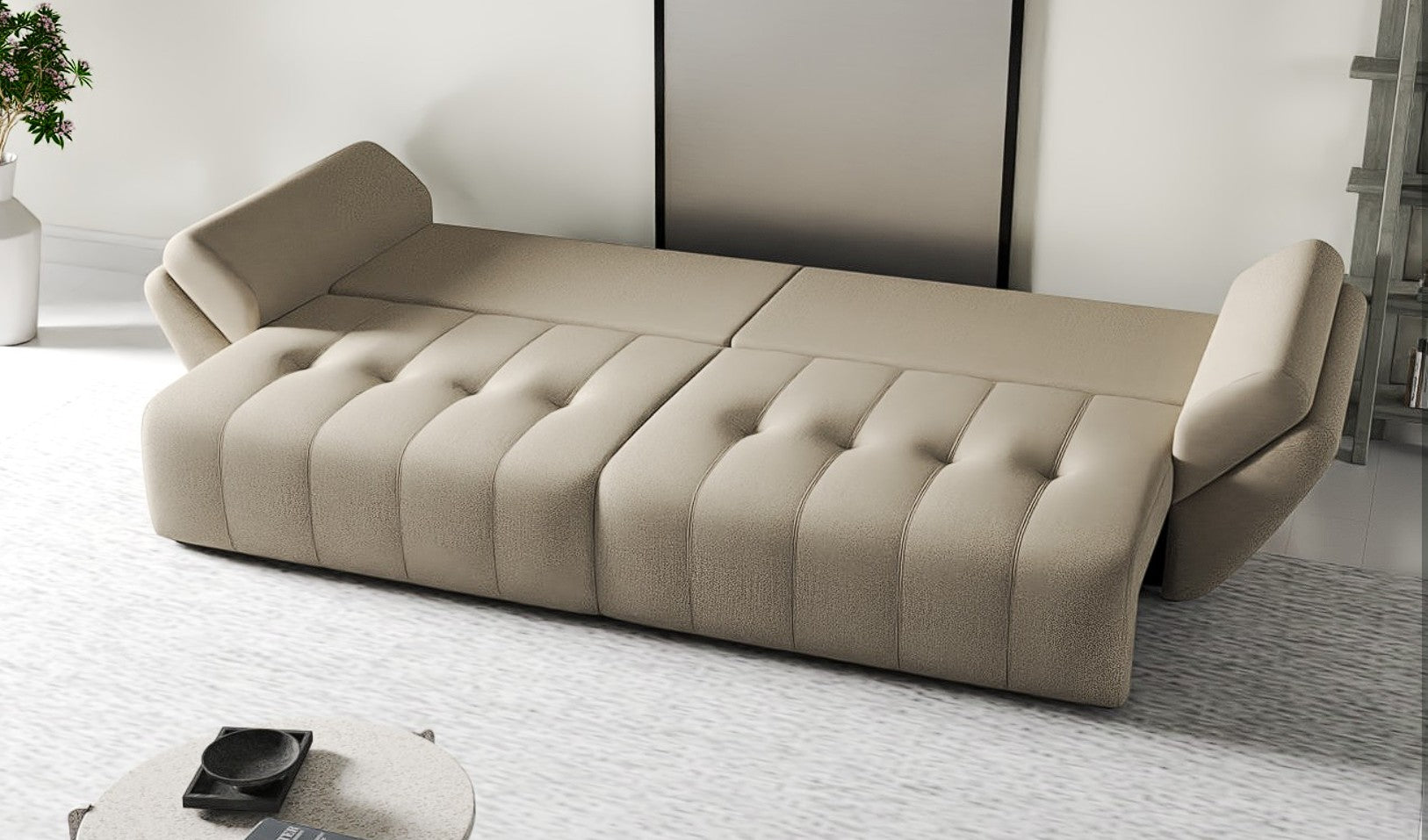 Canapea extensibilă dumonde cu ladă de depozitare si sezut confortabil din spuma HR, Berlin Enjoy Camel 300x100 cm Fabrica