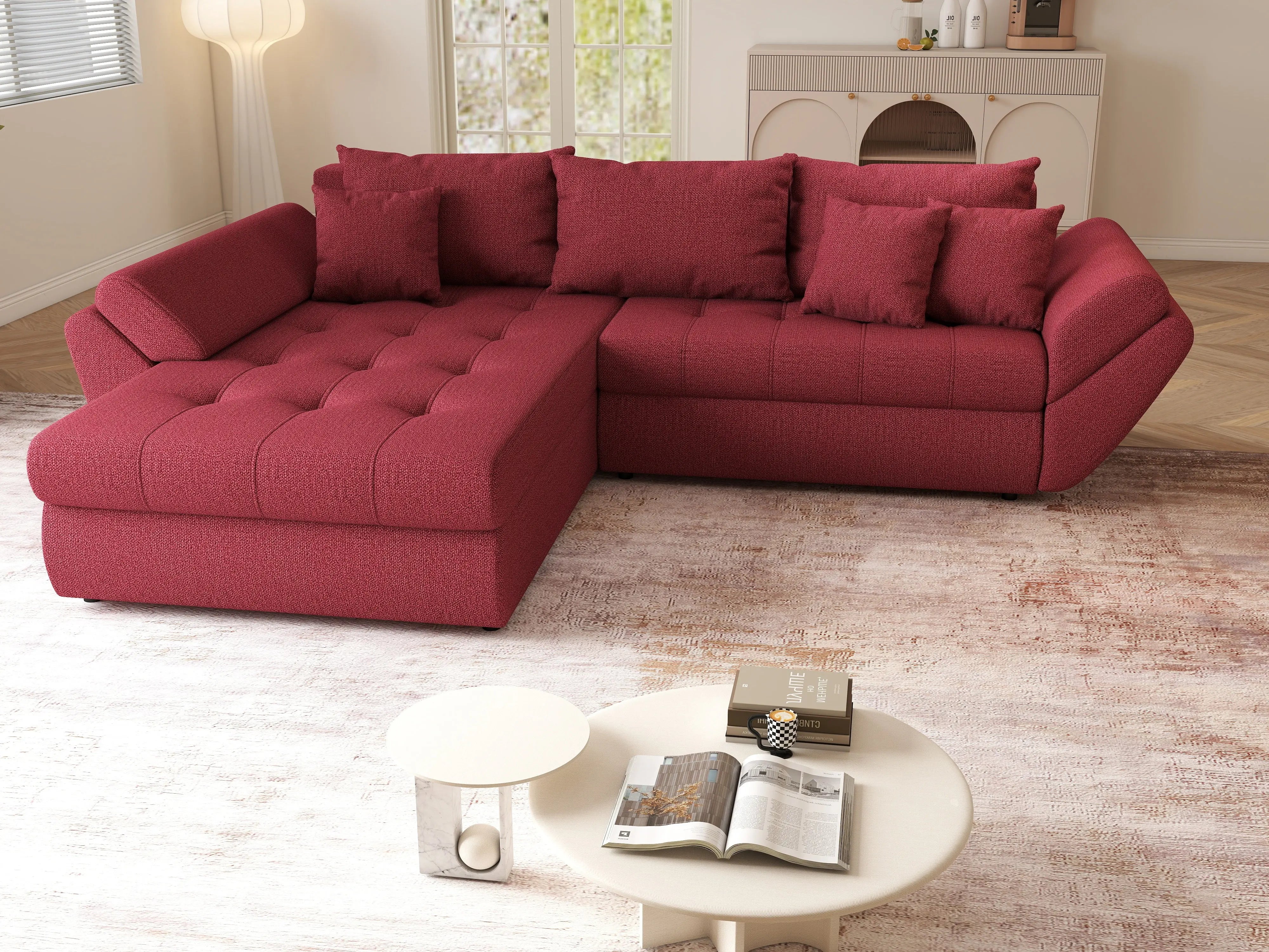 Colțar extensibil dumonde cu ladă de depozitare si sezut confortabil din spuma HR, Loana Bordoux 270x185 cm Fabrica